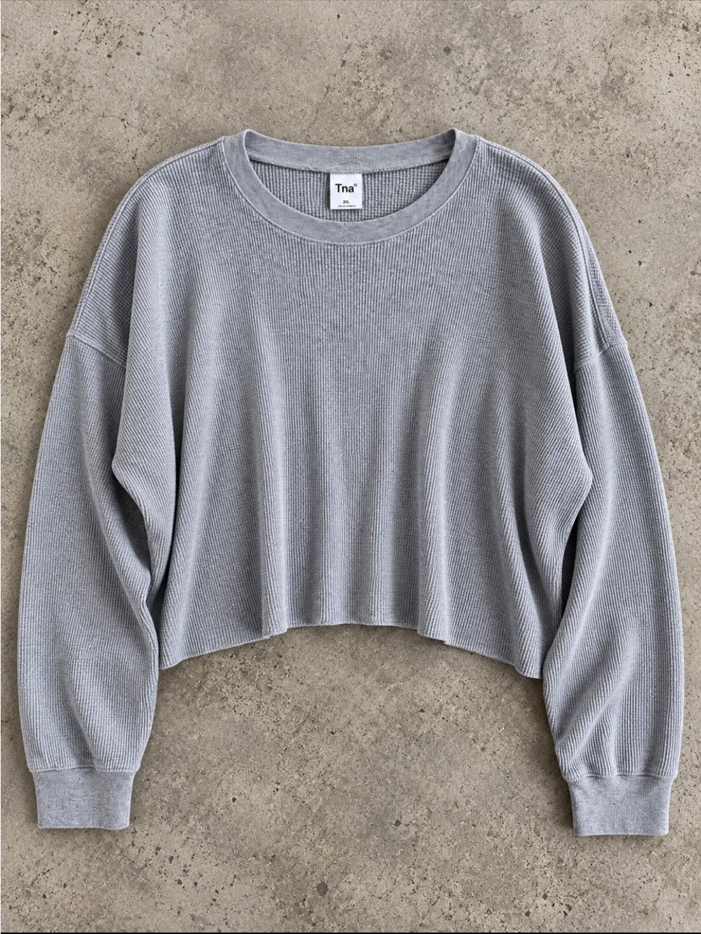 Aritzia TNA Waffle Knit Cropped Oversized Long Sleeve Top Woman 2X Grey Boxy